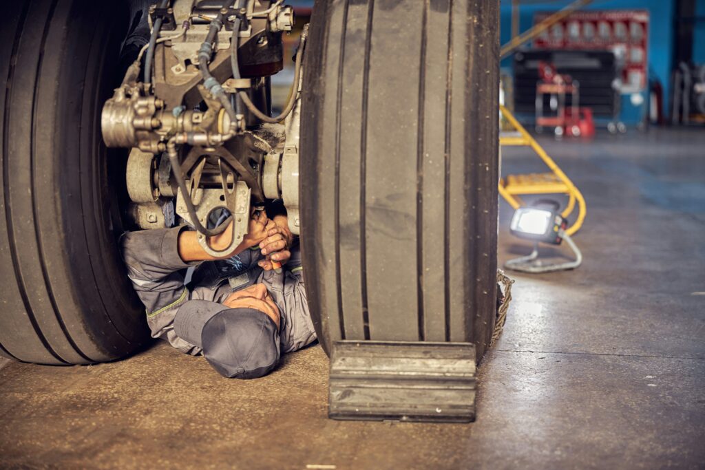 Technician working under aircraft landing gear, performing maintenance in a confined space.